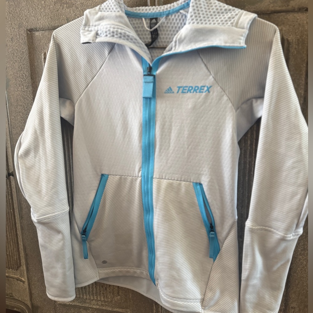 NWOT Adidas Women's Terrex Tech Fleece Hooded Hiking Jacket in halo blue Si